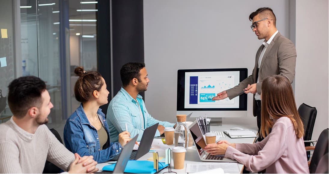 Entrepreneurs collaborating in a business incubator